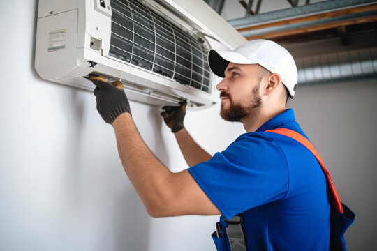 HVAC technician installing a mini split air conditioner in American Fork