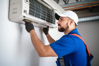 360_F_621046421_Vcay4nYa8ozdeodOQVDfES6MRrC6N3b8 Air conditioning technician servicing a wall-mounted AC unit in American Fork, UT